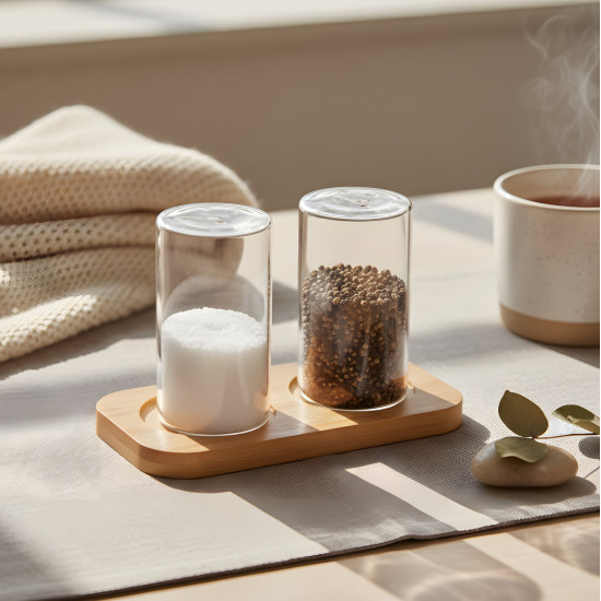 Glass Salt & Pepper Shaker Set 2 Pcs with Wooden Base